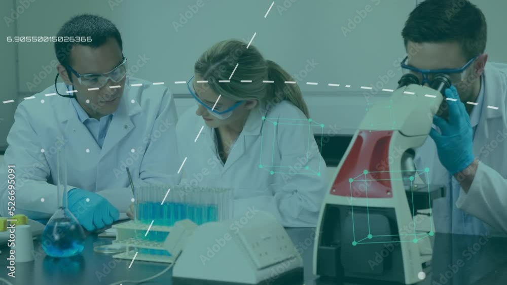 Poster animation of data processing over team of diverse male and female scientist discussing at laboratory