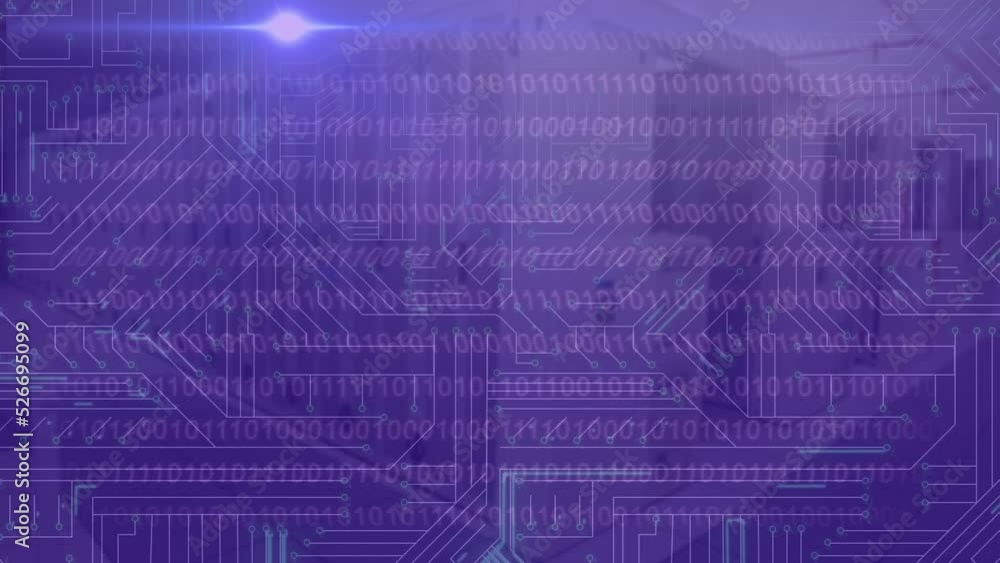 Poster animation of light spot over microprocessor connections and binary coding against server room