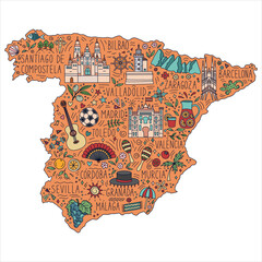 Stylized doodle illustrated map of Spain. Landmarks, attractions and cities. Travel concept. Vector illustration.