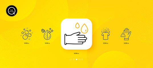 Fototapeta na wymiar Clean bubbles, Dry t-shirt and Dirty water minimal line icons. Yellow abstract background. Rubber gloves, Dont touch icons. For web, application, printing. Vector