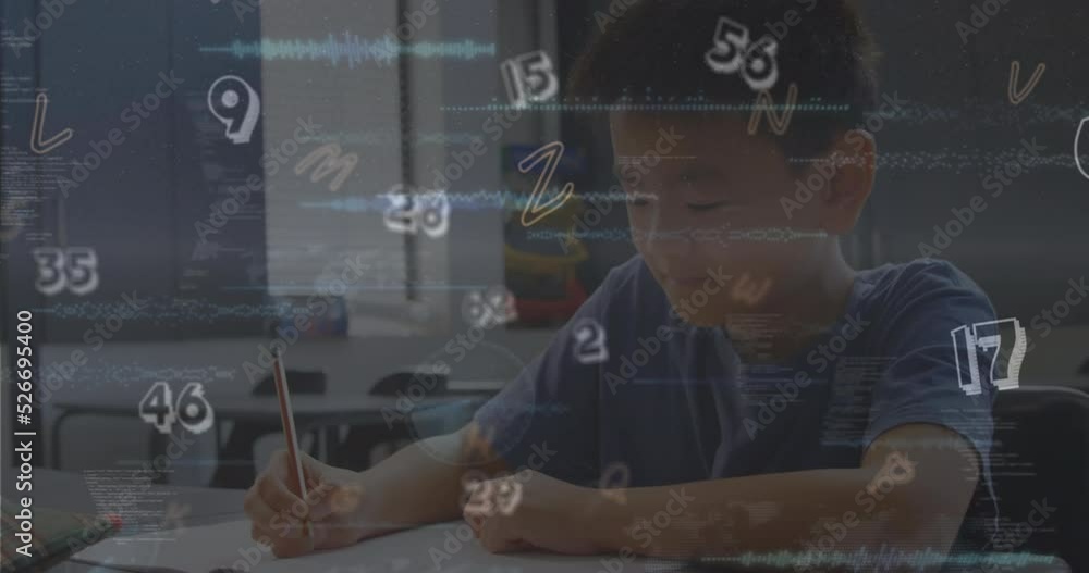 Poster animation of multiple alphabets floating over asian boy studying in the class at school