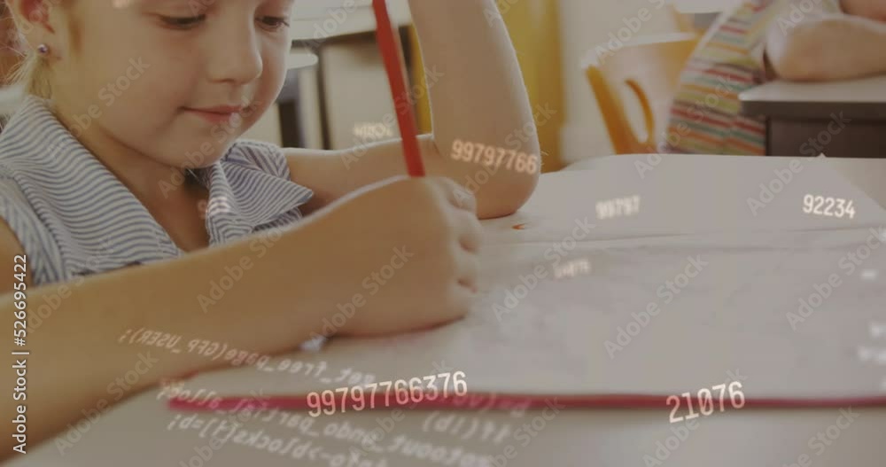 Poster animation of multiple changing numbers over caucasian girl studying in the class at school
