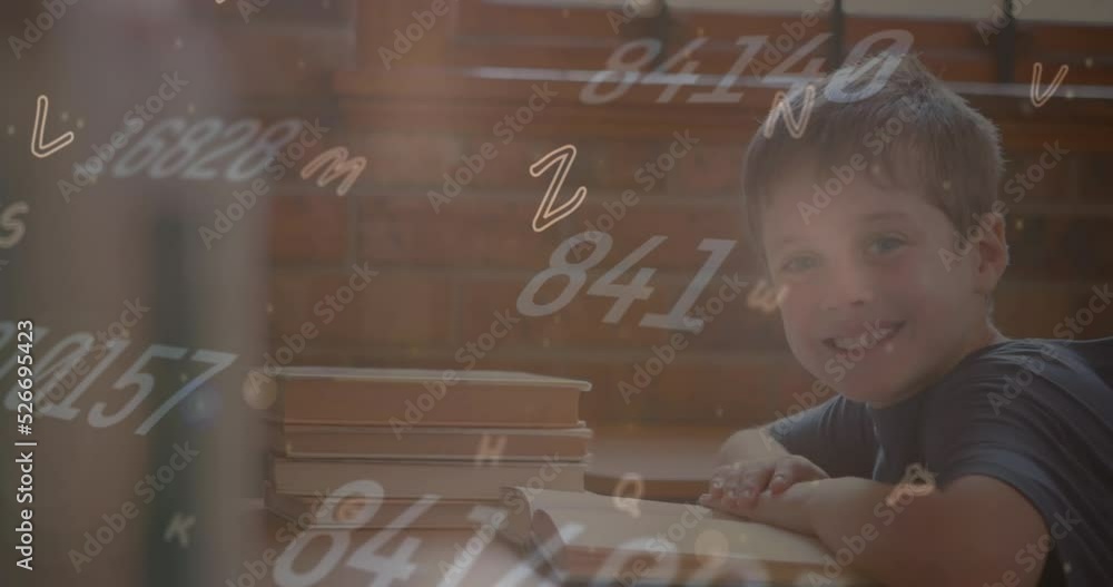 Poster animation of multiple alphabets and numbers floating over caucasian boy smiling in class at school