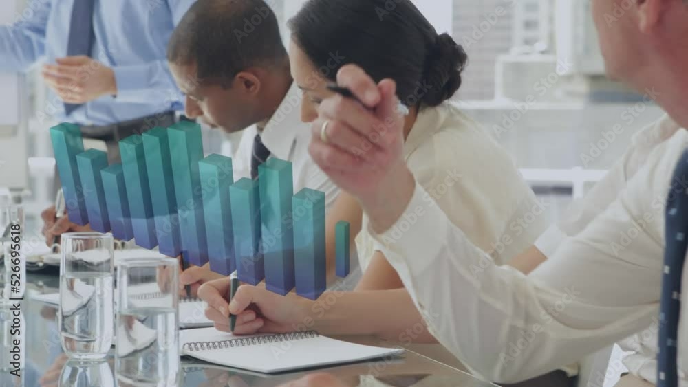 Poster animation of statistical data processing over mid section of businessman giving a presentation