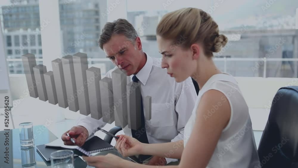 Poster animation of statistical data processing over caucasian man and woman discussing at office