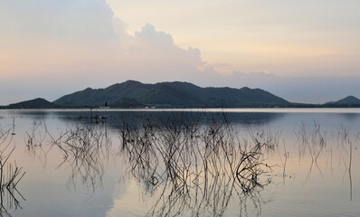 Nice landscape, Silhouette tree with reflection in lake with mountain background