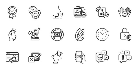 Outline set of Seo marketing, Brand ambassador and Tested stamp line icons for web application. Talk, information, delivery truck outline icon. Vector