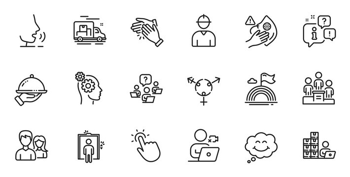 Outline set of Teamwork question, Business podium and Teamwork line icons for web application. Talk, information, delivery truck outline icon. Vector