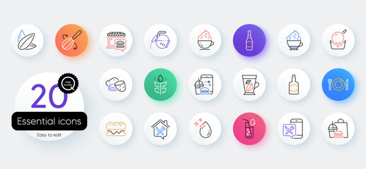 Simple set of Fast food, Food delivery and Coffee cup line icons. Include Water drop, Mint leaves, Potato icons. Gluten free, Burger, Ice cream web elements. Water glass, Coffee pot. Vector