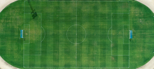 ORTHOGONAL VIEW OF A NATURAL GRASS SOCCER FIELD, AERIAL VIEW