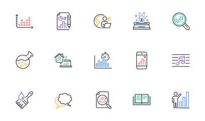 Work home, Musical note and Outsource work line icons for website, printing. Collection of Typewriter, Chemistry lab, Education icons. Dot plot, Report timer, Graph phone web elements. Vector