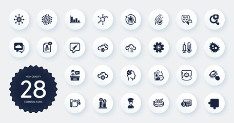 Set of Science icons, such as Vaccine message, Coronavirus and Teamwork flat icons. Bacteria, 360 degrees, Cloud computing web elements. Hypoallergenic tested, Student, Resume document signs. Vector