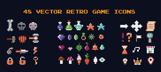 Vector 8 bit game icons set. Pixel art retro game style  elements, weapons, potions, coins, UI symbols, skulls, food. Colorful  collection, isolated background