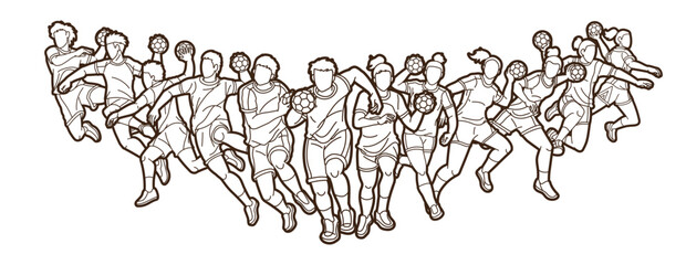 Group of Handball Players Team Male and Female Action Together Cartoon Sport Team Graphic Vector