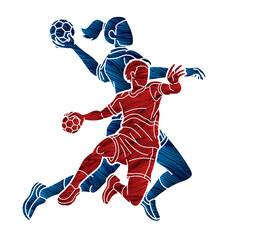 Group of Handball Players Team Male and Female Action Together Cartoon Sport Team Graphic Vector