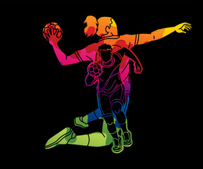 Group of Handball Players Team Male and Female Action Together Cartoon Sport Team Graphic Vector