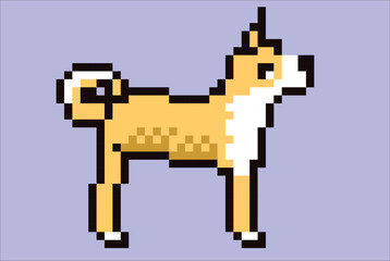 Obraz premium 8 bit adult dog pixel art vector illustration. Side view. Standing cartoon Shiba Inu , black contour. Isolated background