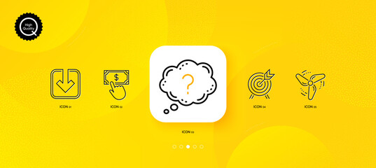 Archery, Question mark and Load document minimal line icons. Yellow abstract background. Payment click, Wind energy icons. For web, application, printing. Vector