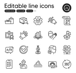 Set of Business outline icons. Contains icons as Search package, Gifts and Checklist elements. 360 degrees, Lgbt, Manager web signs. Blood, Repairman, Confirmed elements. Ab testing. Vector