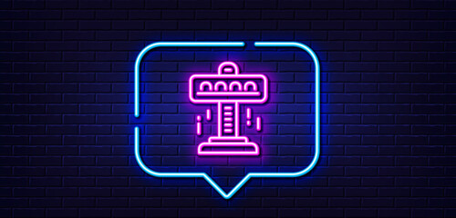 Neon light speech bubble. Carousels line icon. Amusement attraction park sign. Neon light background. Attraction glow line. Brick wall banner. Vector