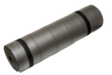 Close up view of rolled up non slip yoga mat, sports mat, gym mat, exercise mat or fitness mat isolated on white background. Clipping path. Workout at home. Health concept.