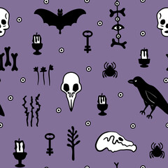 Vector seamless pattern with magical elements:skull,bat,raven,candle,bone,spider,herb.Doodle mystic background.Witchcraft.