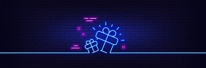 Neon light glow effect. Gifts line icon. Present box sign. Brand marketing symbol. 3d line neon glow icon. Brick wall banner. Gift outline. Vector
