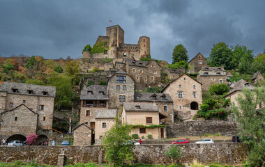 Belcastel medieval castle and town in the south of France, Aveyron Occitania, view of the antique...