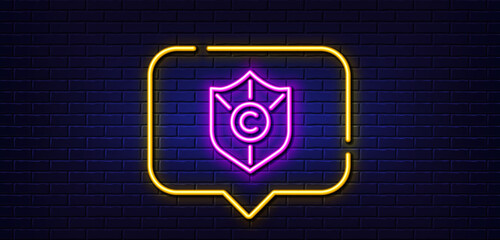 Neon light speech bubble. Copyright protection line icon. Copywriting sign. Shield symbol. Neon light background. Copyright protection glow line. Brick wall banner. Vector