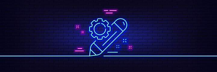 Neon light glow effect. Project edit line icon. Settings management sign. Pencil symbol. 3d line neon glow icon. Brick wall banner. Project edit outline. Vector