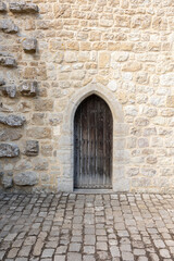 medieval castle wooden door, stone wall and cobbled floor, verical format
