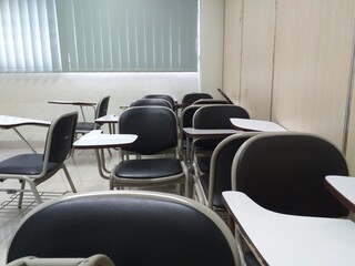 Full frame shot of empty room with untidy bench during pandemic