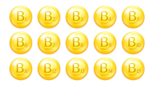 Vitamins B group vector icons. Set of round golden pills. Healthy life concept
