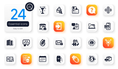 Set of Business flat icons. Packing boxes, Music book and Recovery laptop elements for web application. Card, Food market, Video conference icons. Secure mail, Usb stick, Login elements. Vector