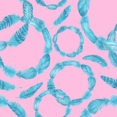 Seamless pattern with wreaths of various fluffy blue feathers in Boho style. Watercolor hand drawn painting illustration, isolated on pink background.