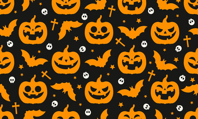 Halloween pumpkins seamless pattern vector illustration. Orange pumpkins, bats and skull on black background.
