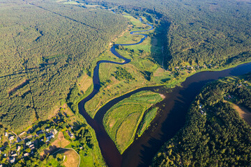 Aerial summer beautiful view of Merkinė, Merkys and Nemunas rivers confluence, Lithuania