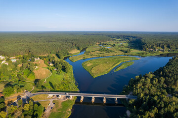 Aerial summer beautiful view of Merkinė, Merkys and Nemunas rivers confluence, Lithuania