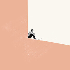 Contemporary art collage. Conceptual image. Depressed man sitting in front of laptop. Feeling...