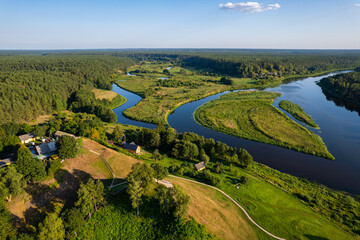 Aerial summer beautiful view of Merkinė, Merkys and Nemunas rivers confluence, Lithuania