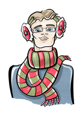 illustration color sketch cartoon style new year holiday male nerd in winter clothes and glasses scarf red-green image IT specialist young close-up