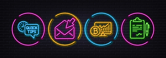 Quick tips, Bitcoin chart and Open mail minimal line icons. Neon laser 3d lights. Clipboard icons. For web, application, printing. Helpful tricks, Cryptocurrency statistics, View e-mail. Vector