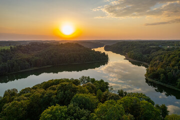 Aerial summer beautiful sunset view of Asveja lake, Dubingiai, Lithuania