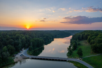Naklejka na ściany i meble Aerial summer beautiful sunset view of Asveja lake, Dubingiai, Lithuania