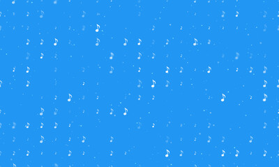 Seamless background pattern of evenly spaced white musical note symbols of different sizes and opacity. Vector illustration on blue background with stars