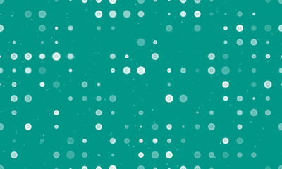 Seamless background pattern of evenly spaced white gramophone record symbols of different sizes and opacity. Vector illustration on teal background with stars
