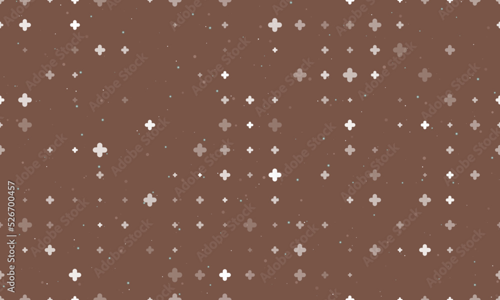 Poster seamless background pattern of evenly spaced white quatrefoil symbols of different sizes and opacity