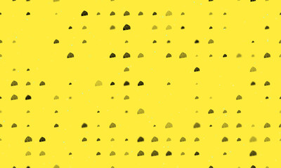 Seamless background pattern of evenly spaced black cheese symbols of different sizes and opacity. Vector illustration on yellow background with stars