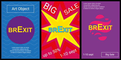 Trendy retro posters for organizing sales and other events. Large brexit symbol in the center of each poster. Vector illustration on black background