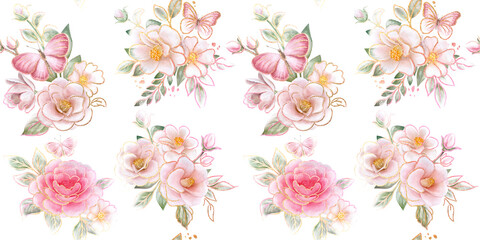 Obraz na płótnie Canvas golden seamless pattern camellia, roses floral pink, white flowers with leaves, vignette isolated on white background. Bouquet. Templates. Watercolor. Illustration. Hand drawing. Greeting card design